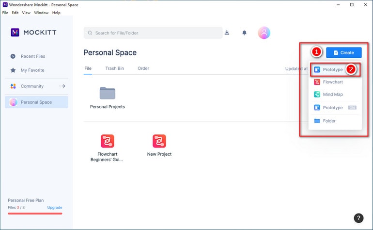 Historical Mockitt Create Prototype menu; old quota is not a current plan limit