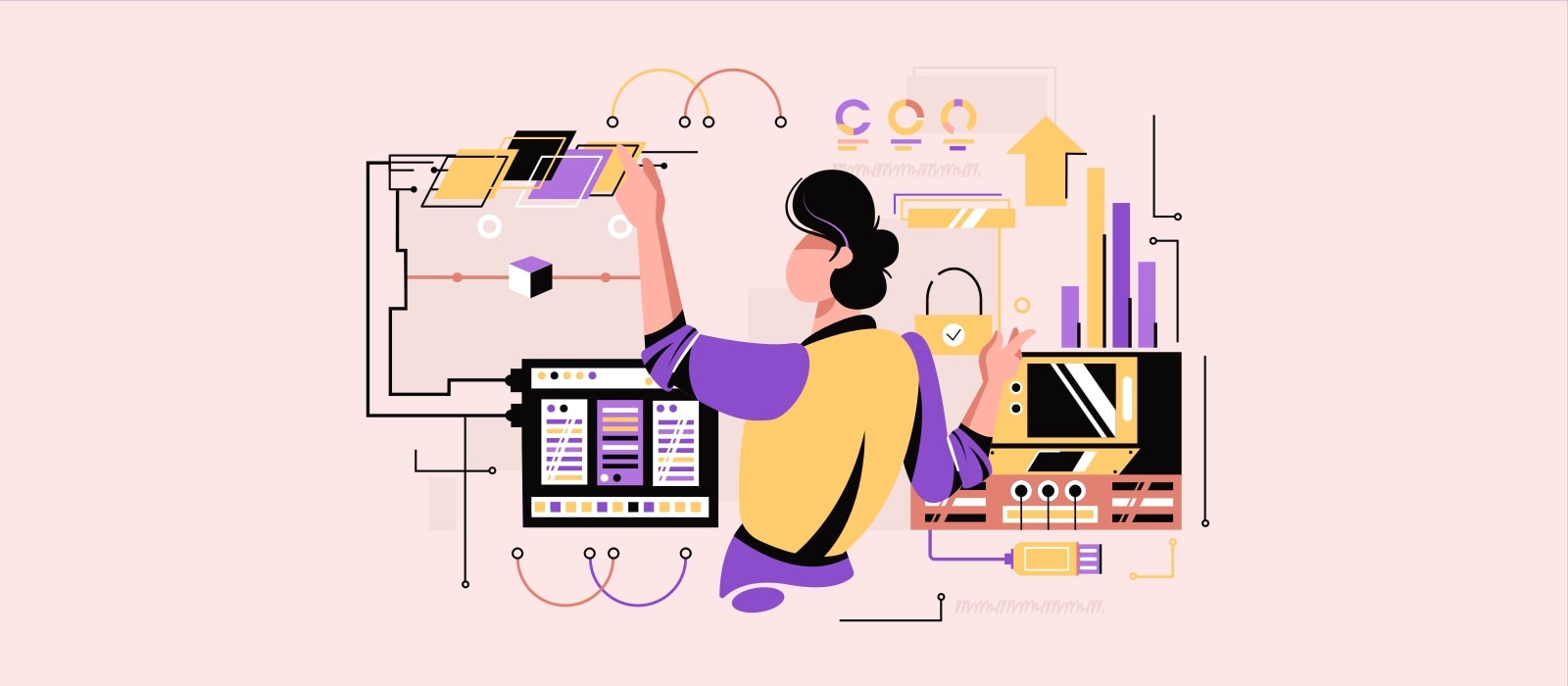 Illustration of a designer organizing interface and research deliverables