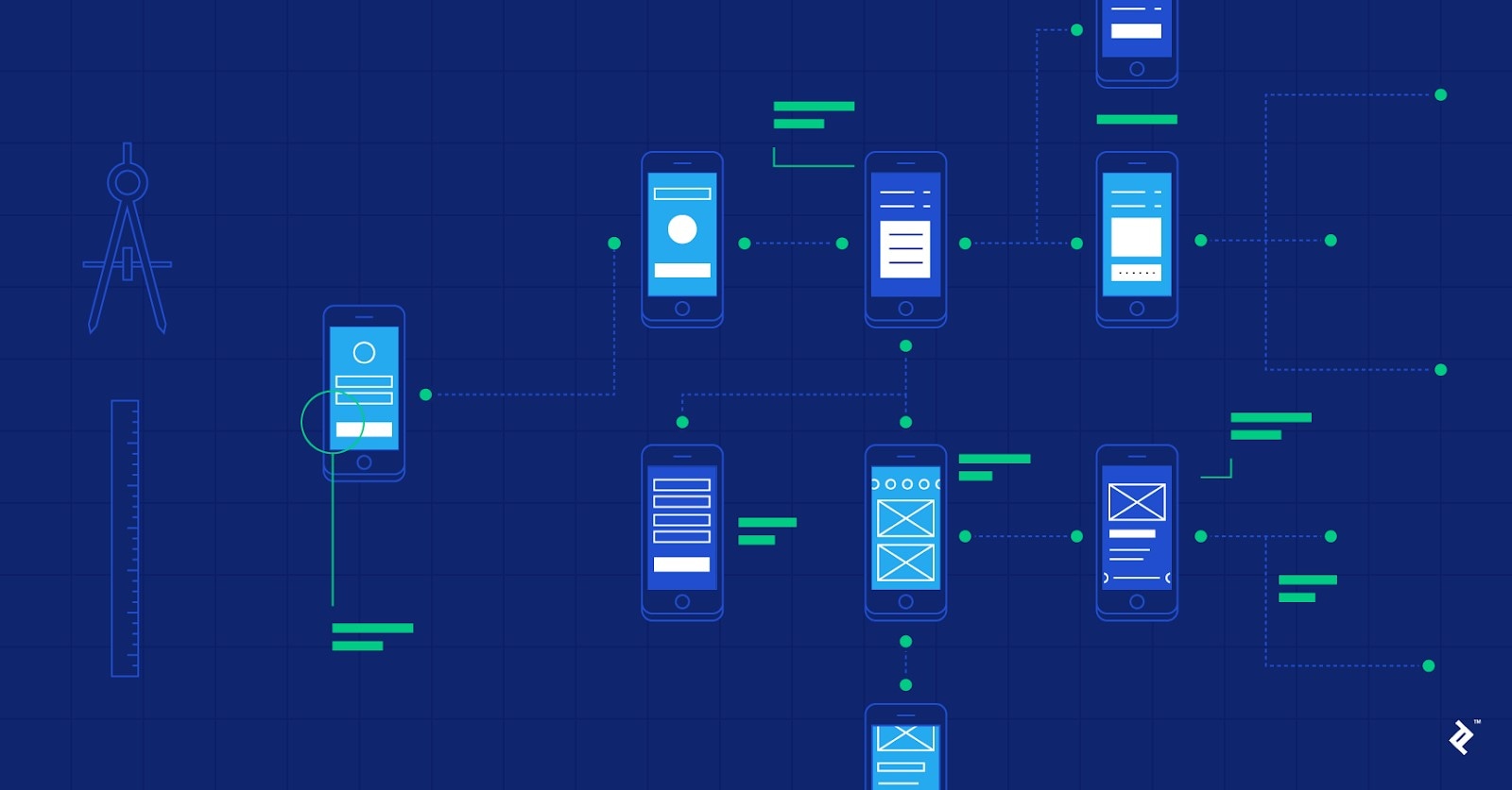 Illustration of linked mobile interface screens