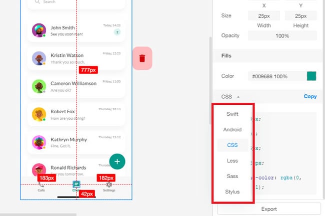 Mockitt handoff example showing selected element measurements and the CSS properties panel
