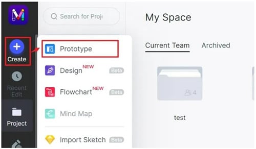 Archived Mockitt project-creation menu