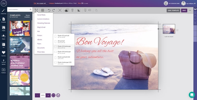 Design Wizard template editor with a Bon Voyage greeting-card design