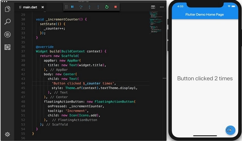 Historical Flutter counter sample showing Dart code beside a running mobile preview
