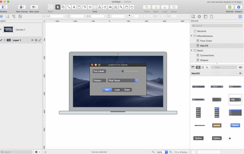 OmniGraffle on macOS with a device mockup and stencil library
