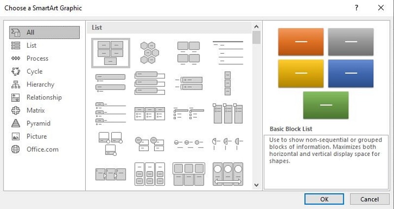 Historical Choose a SmartArt Graphic gallery with the List category selected