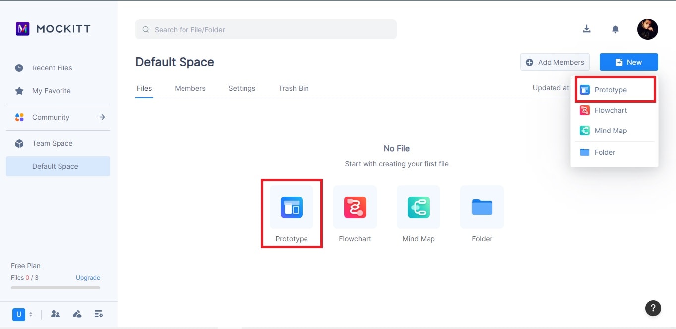 Legacy Mockitt workspace highlighting the New Prototype entry point