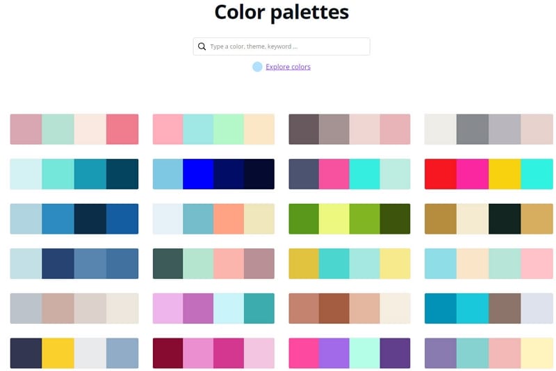 Canva palette gallery with searchable rows of color combinations