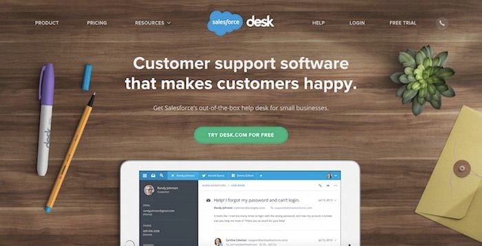 Historical Salesforce website hero with introductory copy and a desk scene