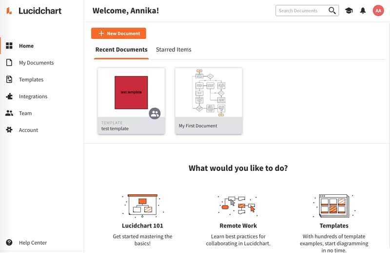 Earlier Lucidchart dashboard showing documents and templates
