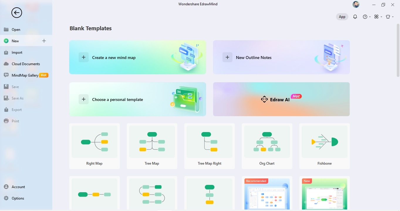 Legacy EdrawMind start screen with templates and an AI entry point