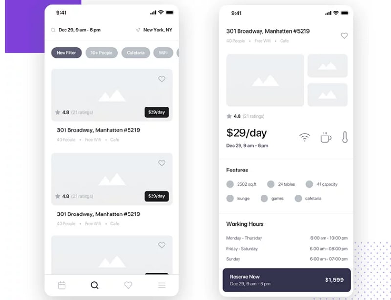 Workspace finder list and detail concept credited to Kishore