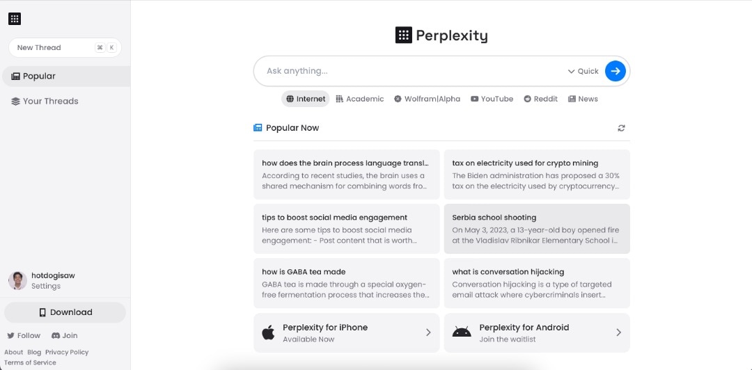 perplexity.ai interface