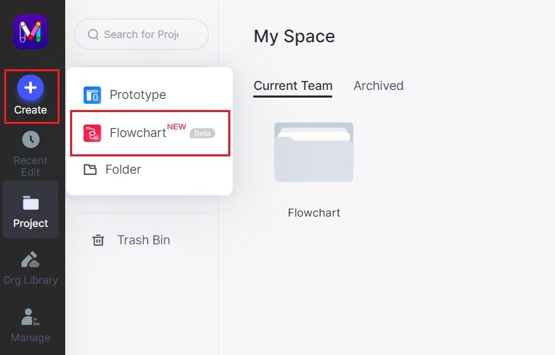 Creating a flowchart in the earlier Mockitt workspace