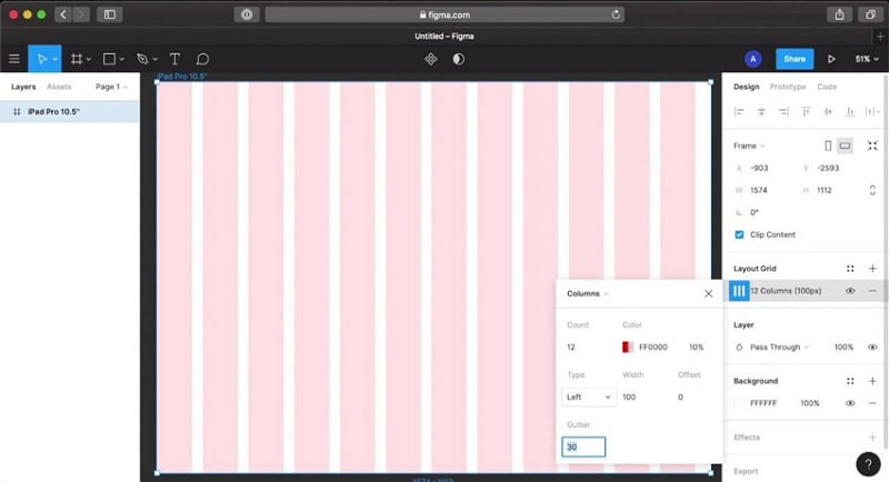 Historical Figma frame with a twelve-column layout grid overlay