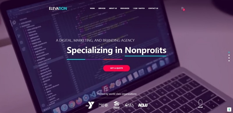 Earlier Elevation nonprofit agency page with a quote action