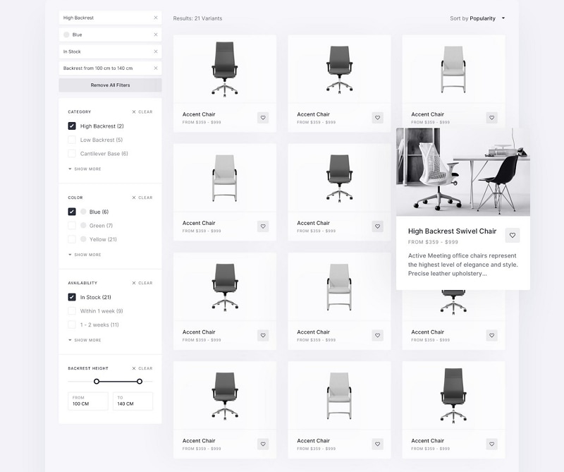 Product-list layout with chair cards, filter panel, and expanded product detail