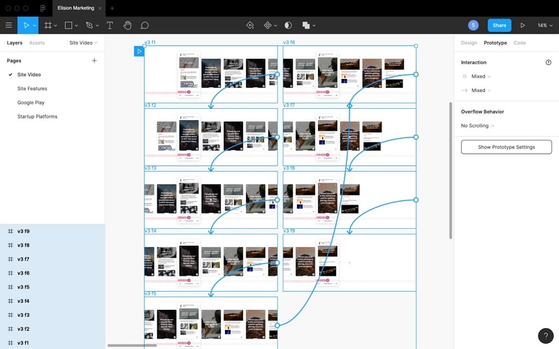 Earlier Figma prototype with connections between multiple frames