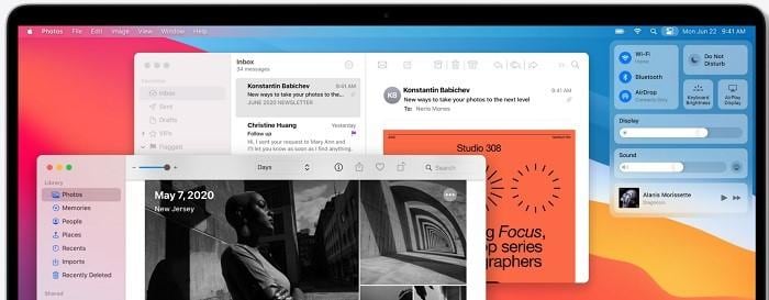 Historical macOS Big Sur desktop with windows and Control Center
