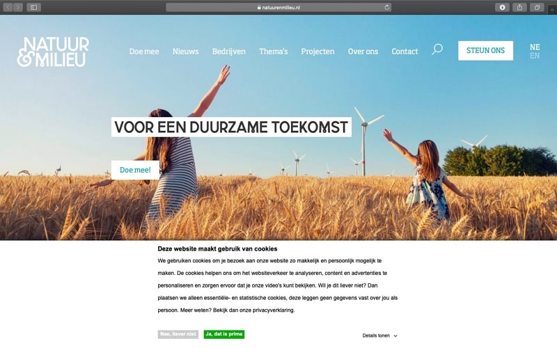 Archived Natuur and Milieu website with blue-green navigation and an outdoor photograph