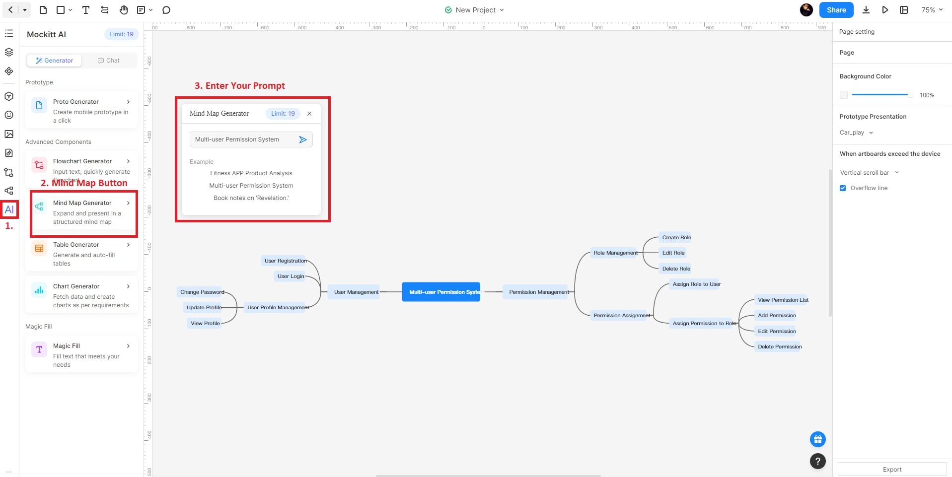 Mockitt AI mind-map panel generating branches for a multi-user permission system