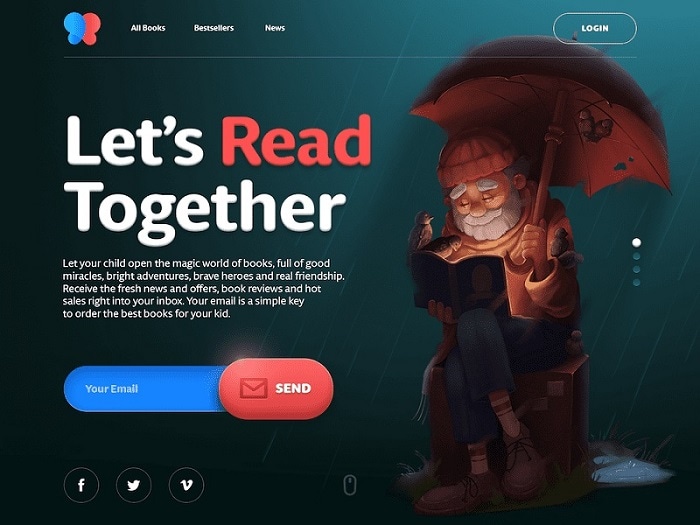 Illustrated children’s-reading landing page with an email subscription field