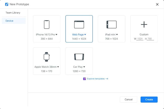 Legacy Mockitt device dialog showing a web-page canvas option