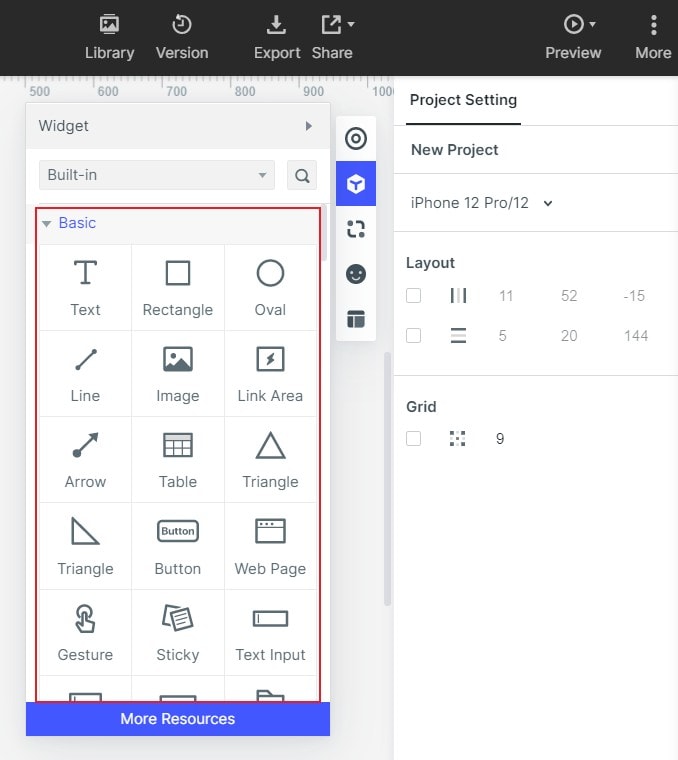 Mockitt shapes, buttons, and text widgets