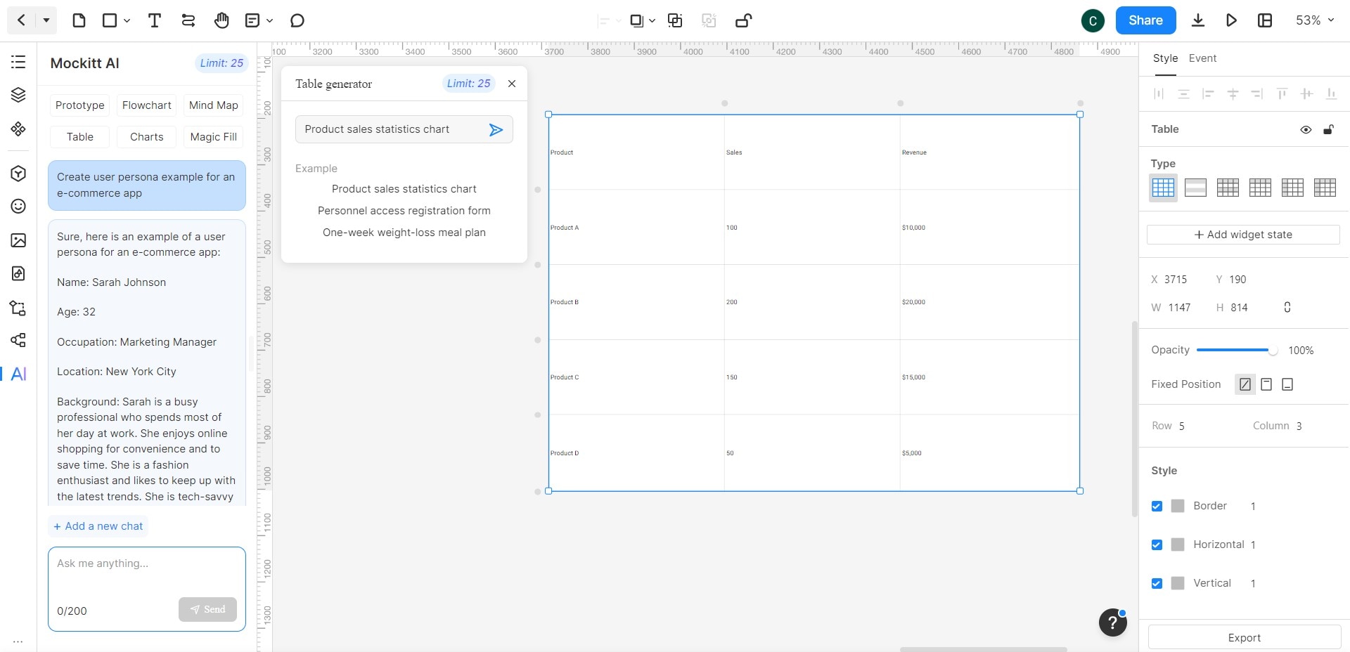 mockitt ai chat and table generator