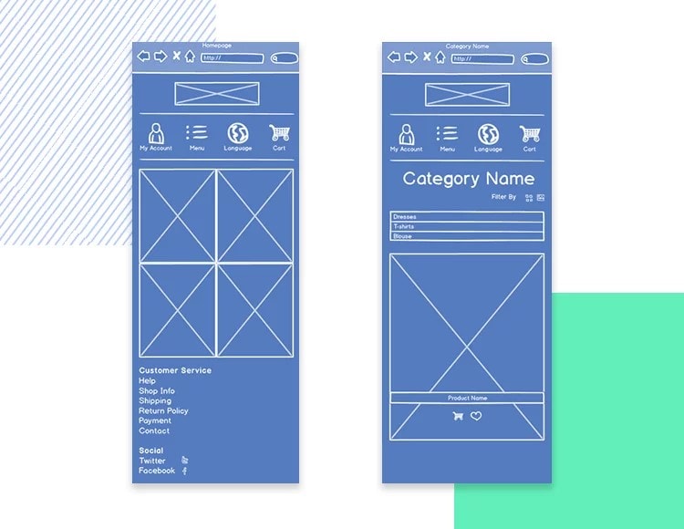 Two narrow ecommerce layouts showing category and product content