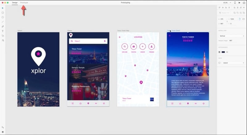 Adobe XD example with travel artboards in Prototype mode