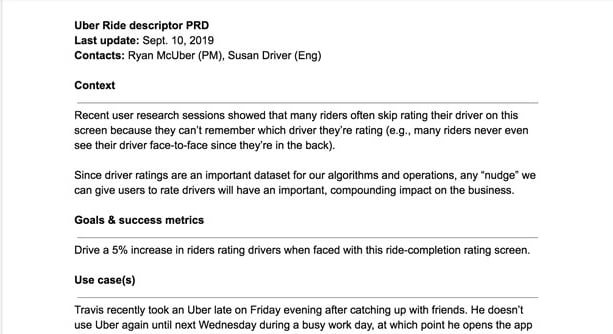 Illustrative ride-rating PRD with context, goals, and a use case