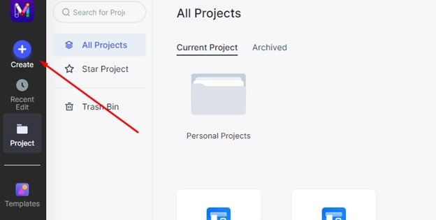 Earlier Mockitt project dashboard with the Create control highlighted