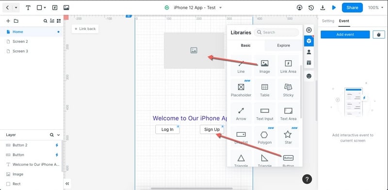 Earlier Mockitt editor with a Welcome screen and widget library