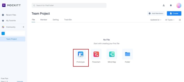 Legacy Mockitt workspace with the new-prototype action highlighted