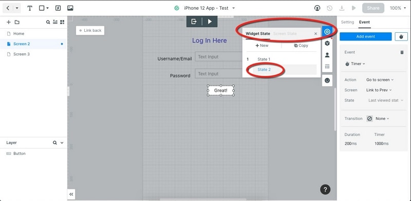 Earlier Mockitt widget-state example changing Submit to Great
