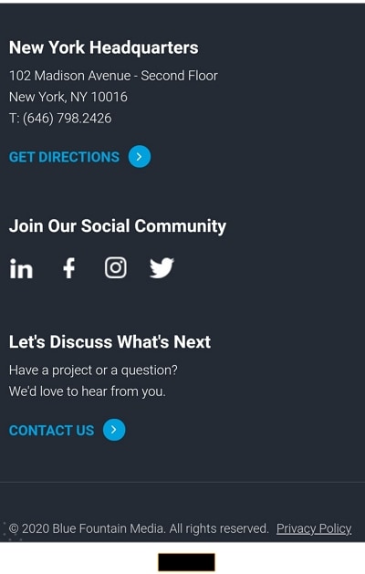 Historical Blue Fountain Media mobile footer with address and directions