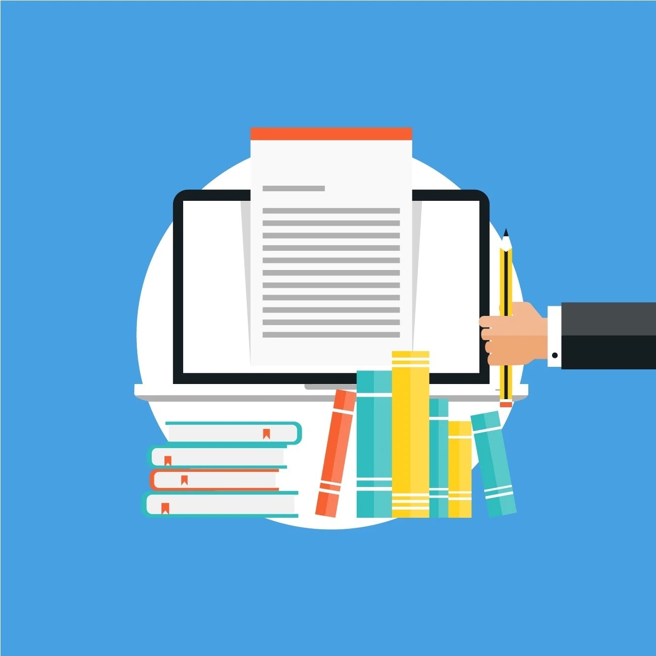 Original illustration of a requirements document beside a computer and books