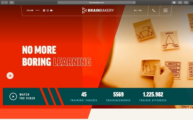 Archived Brain Bakery page combining red-orange surfaces with darker accents