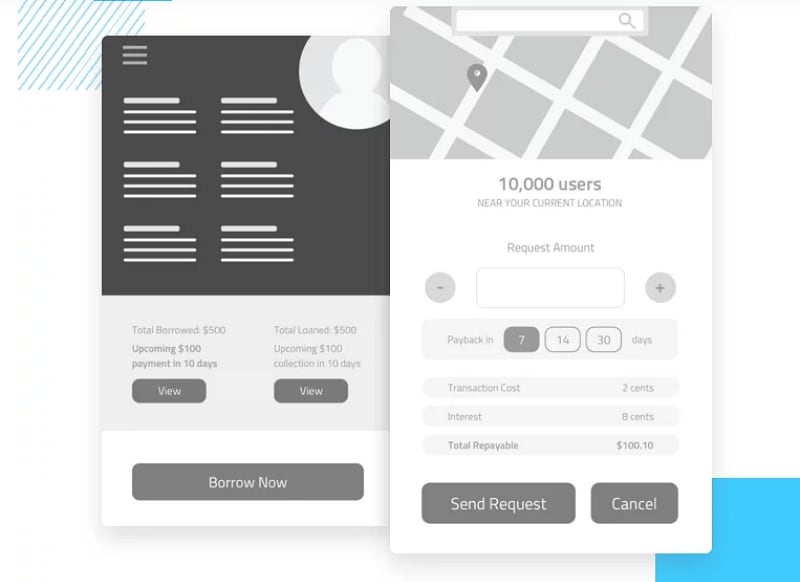 Digital micro-loan screen concept credited to Tanzir