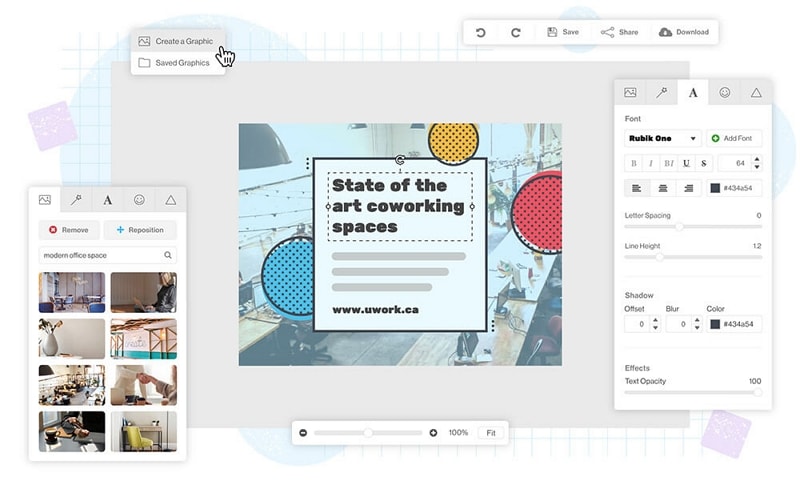 Snappa editor displaying a coworking-themed social graphic