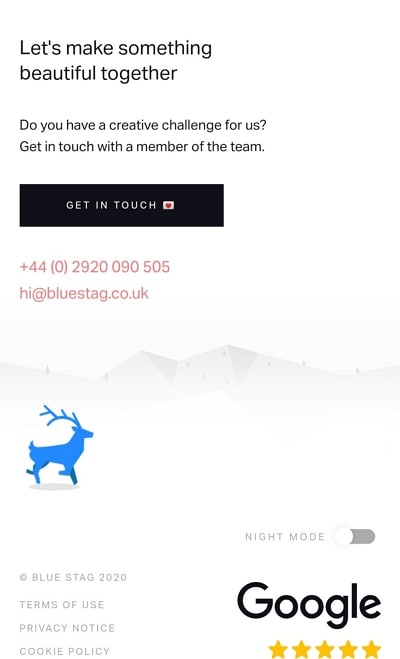 Historical BlueStag mobile footer with contact details