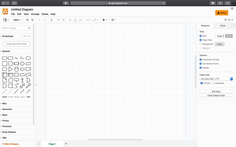 Earlier diagrams.net editor with shape libraries and an empty canvas