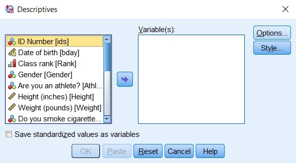 Historical SPSS Descriptives variable-selection dialog