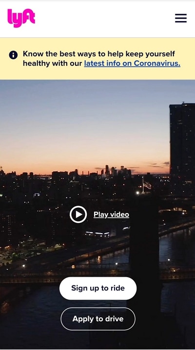 Historical Lyft mobile header with separate ride and drive actions