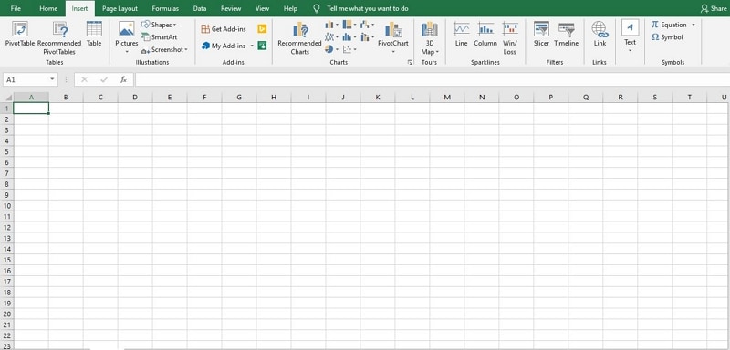 Historical Excel worksheet with the Insert ribbon