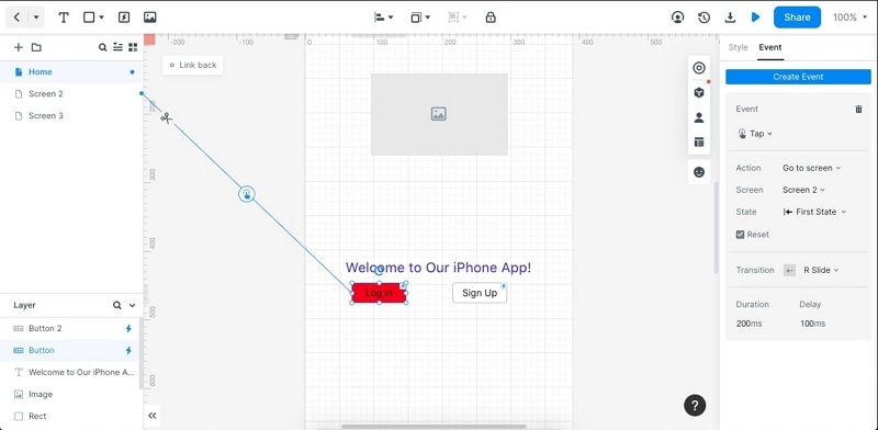 Earlier Mockitt event connection from the Log in button to Screen 2
