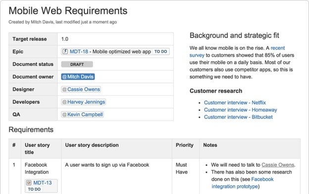 Historical mobile web requirements template with ownership and requirement rows
