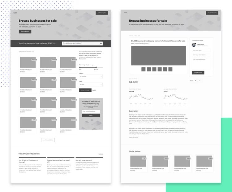 Marketplace listing and detail wireframes with product information and charts