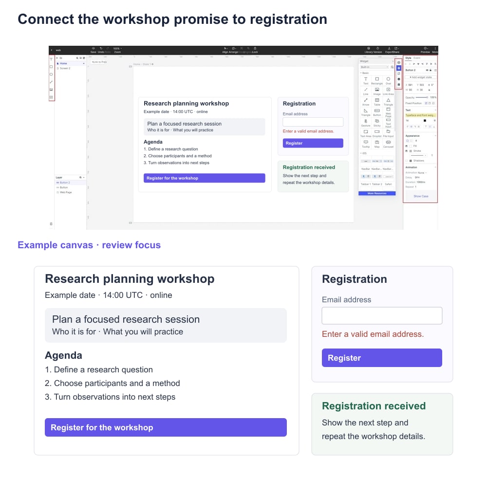 Mockitt editor with a workshop landing-page wireframe, agenda, registration form, email error, and confirmation state.