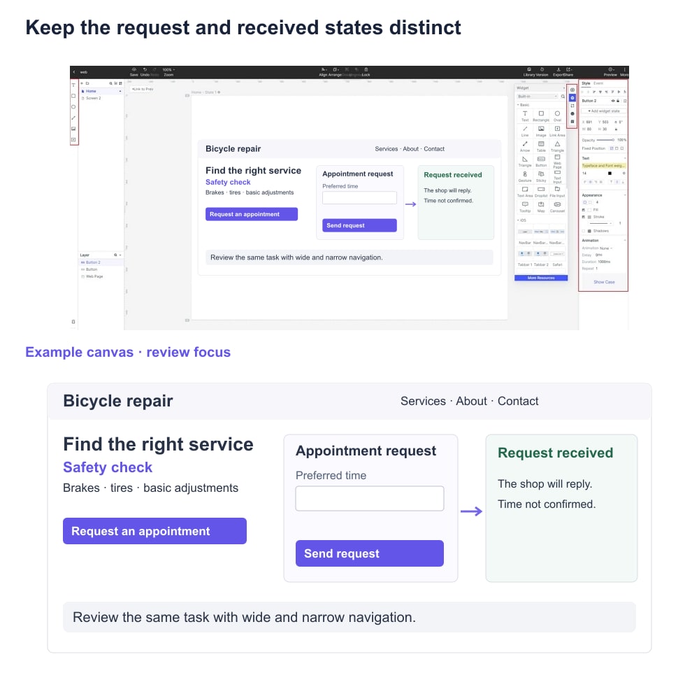 Mockitt editor with a bicycle-repair website example from service selection to an appointment request and received state.